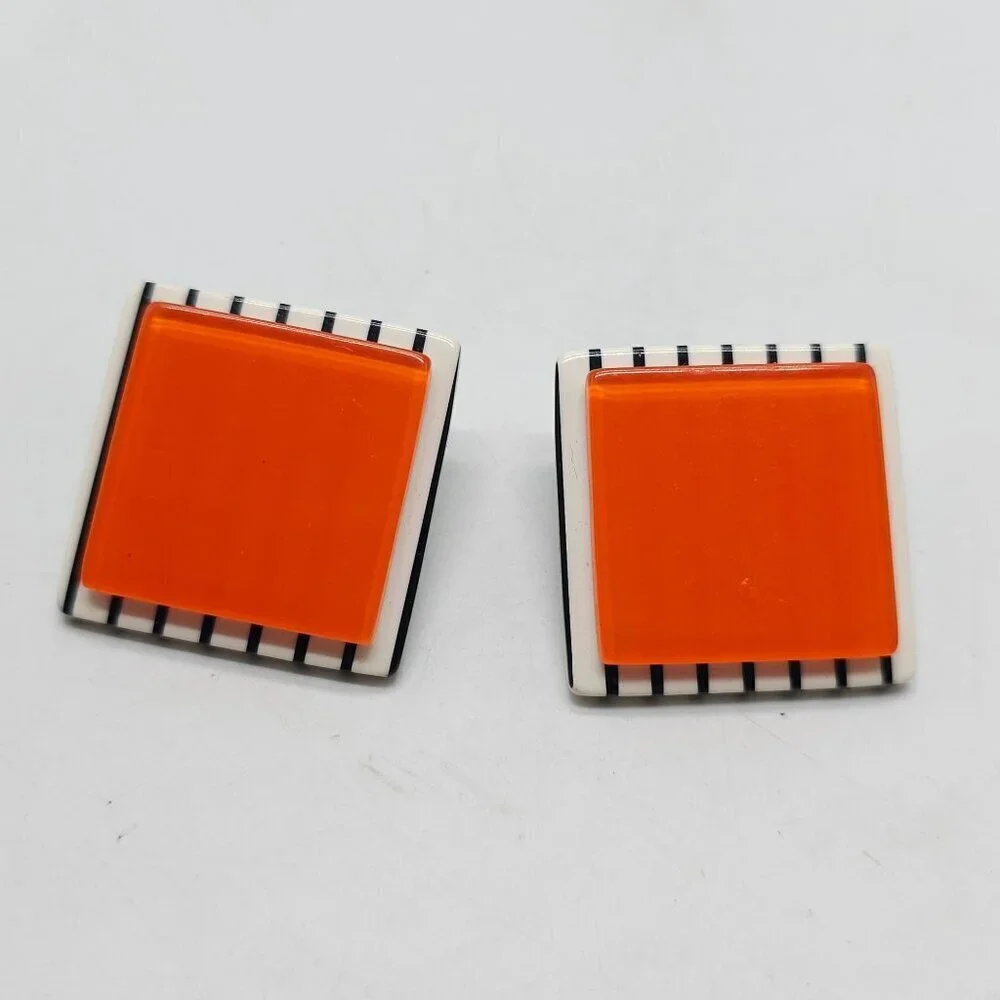 Vintage Orange Black Striped Acrylic Square 1980s Clip-On Earrings